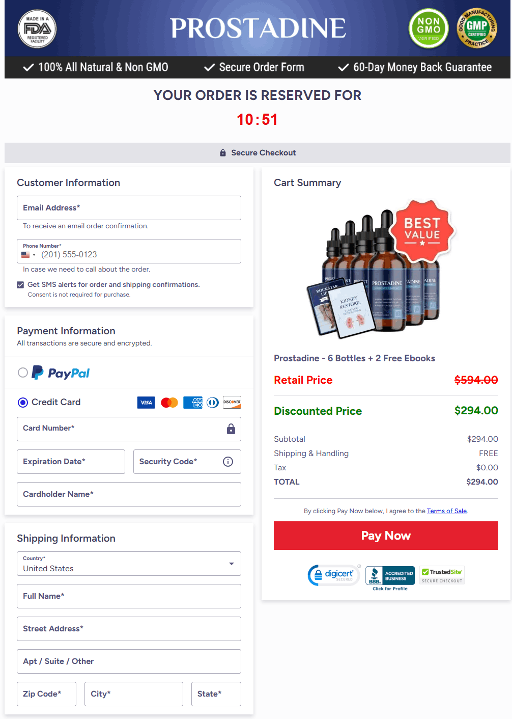 Prostadine secure checkout page for placing your order